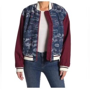 FREE PEOPLE Varsity of Dreams Bomber Jacket Denim Maroon XS